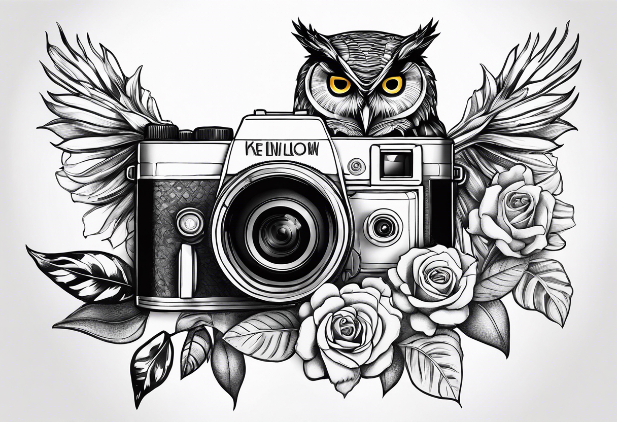 Sunflower, camera, book, owl, flower rose tattoo idea