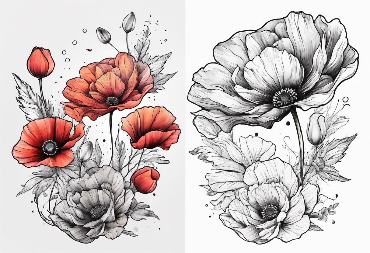 1 Cosmos and 1 Poppy flowers tattoo idea