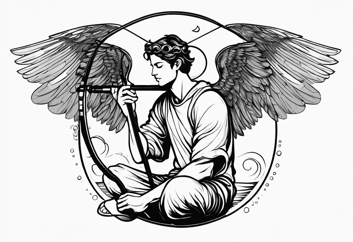 male angel with a halo sitting peacefully with fishing rod tattoo idea