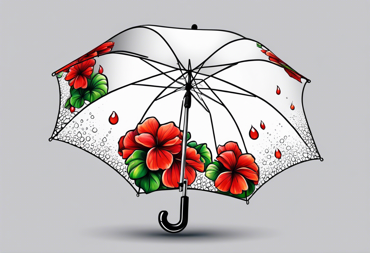 Upside down umbrella filled with geraniums rain droplets tattoo idea