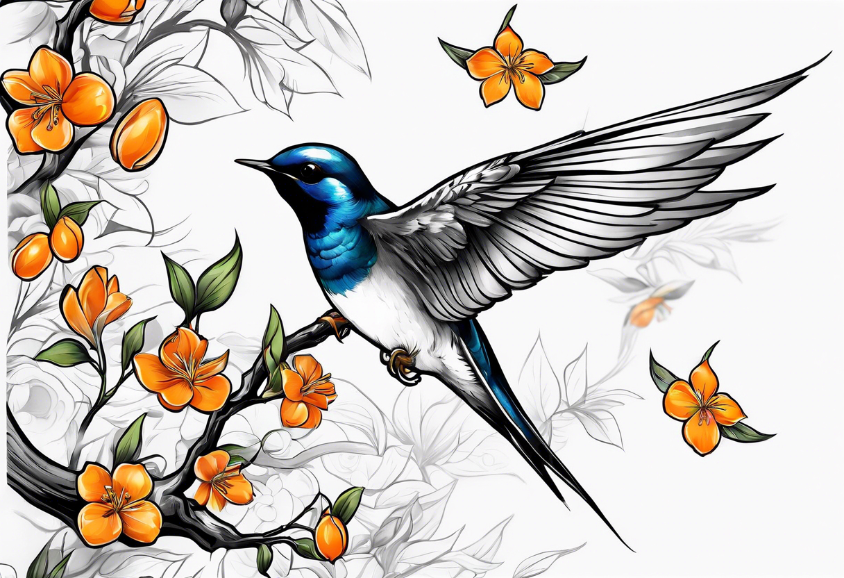 swallow flying off of branch with orange blossoms tattoo idea