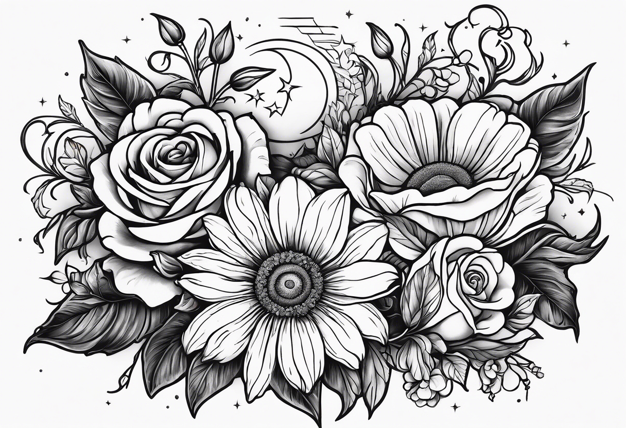 Roses, marigolds, cosmos, daisies, sweet peas and sunflowers vines long lines  sun and moon tattoo idea