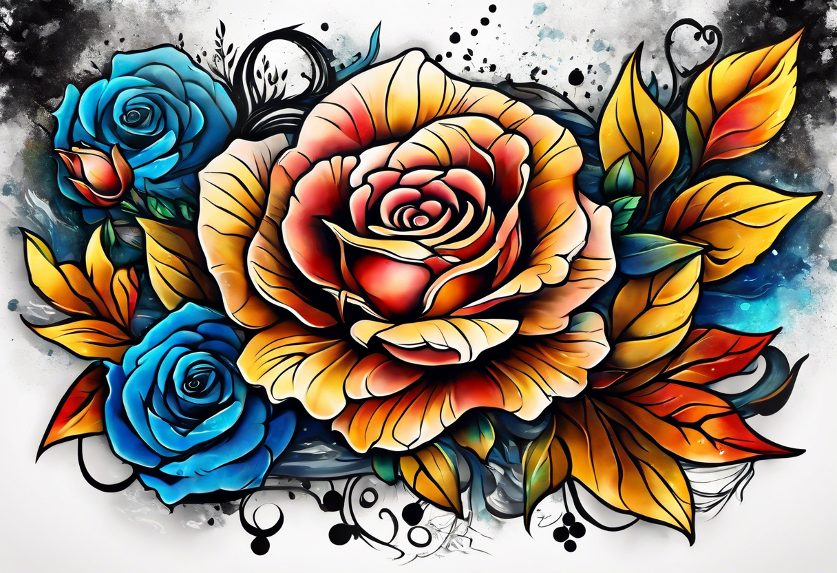 Front knee tattoo with fall colors, small flowers, rose, leaves, blue water flows with washes and background using Trash Polka style tattoo idea
