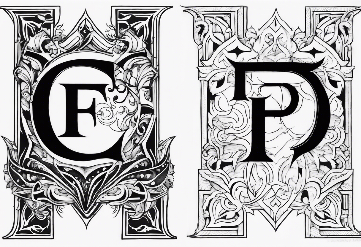 A backwards capital F next to a capital P with design elements around it. The left side should have elements of fire. The right side should have something that is fireproof or the opposite of fire. tattoo idea