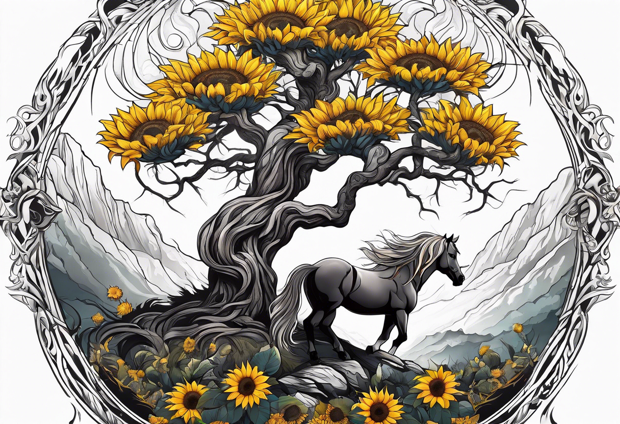 Yggdrasil tree, horse, sunflower tattoo idea