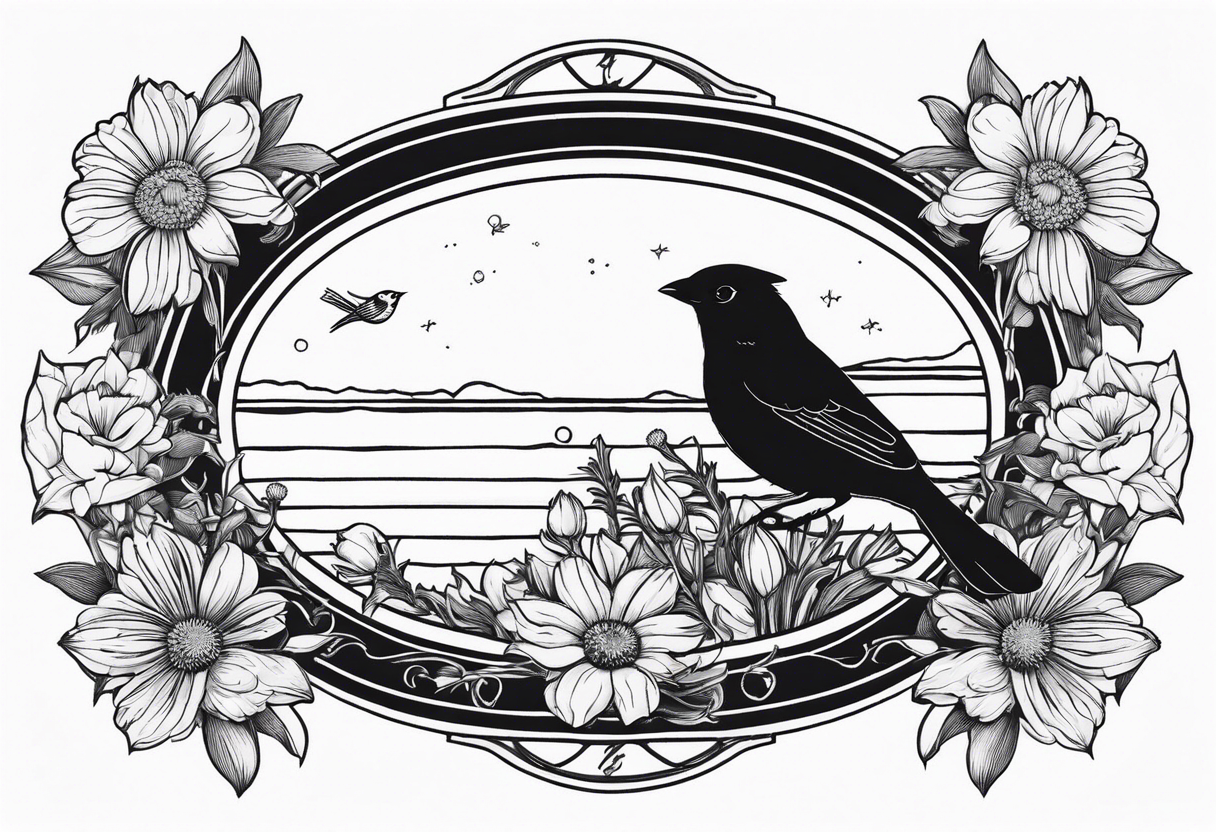 Oval shape with sea rocket and aster flowers with a small cardinal room in the center for a signature less ornate tattoo idea