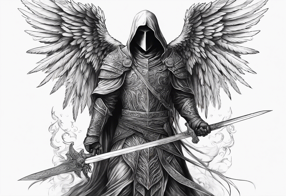 realistic angel of death, man, full body, no face visible, holding one sword, sword vertically pointing downwards tattoo idea