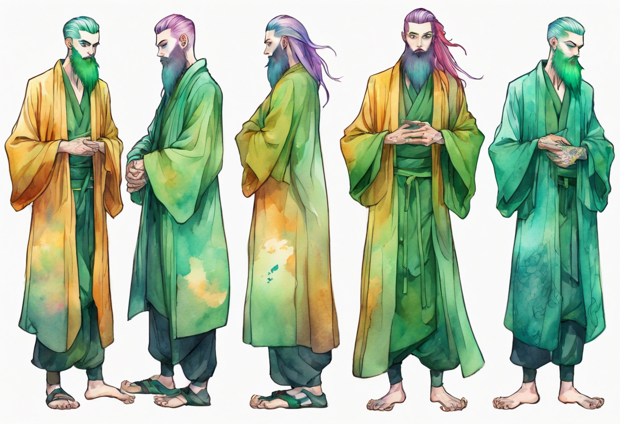 A tall, slender, beautiful man with green skin, He is tall and slender, with pale green skin, long rainbow hair, and a gold and green beard. Amber colored eyes. Wearing a teal monastic robe. tattoo idea