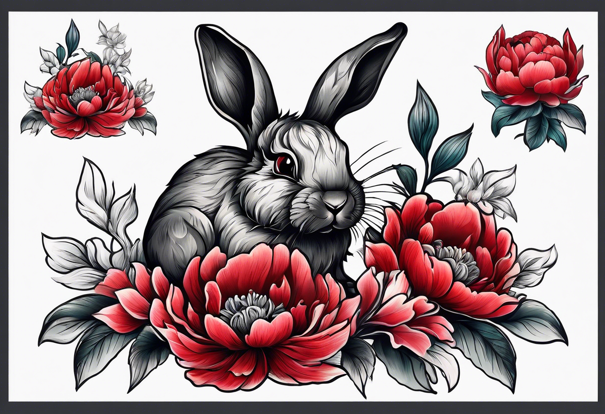 Red peony with small rabbit on a petal tattoo idea