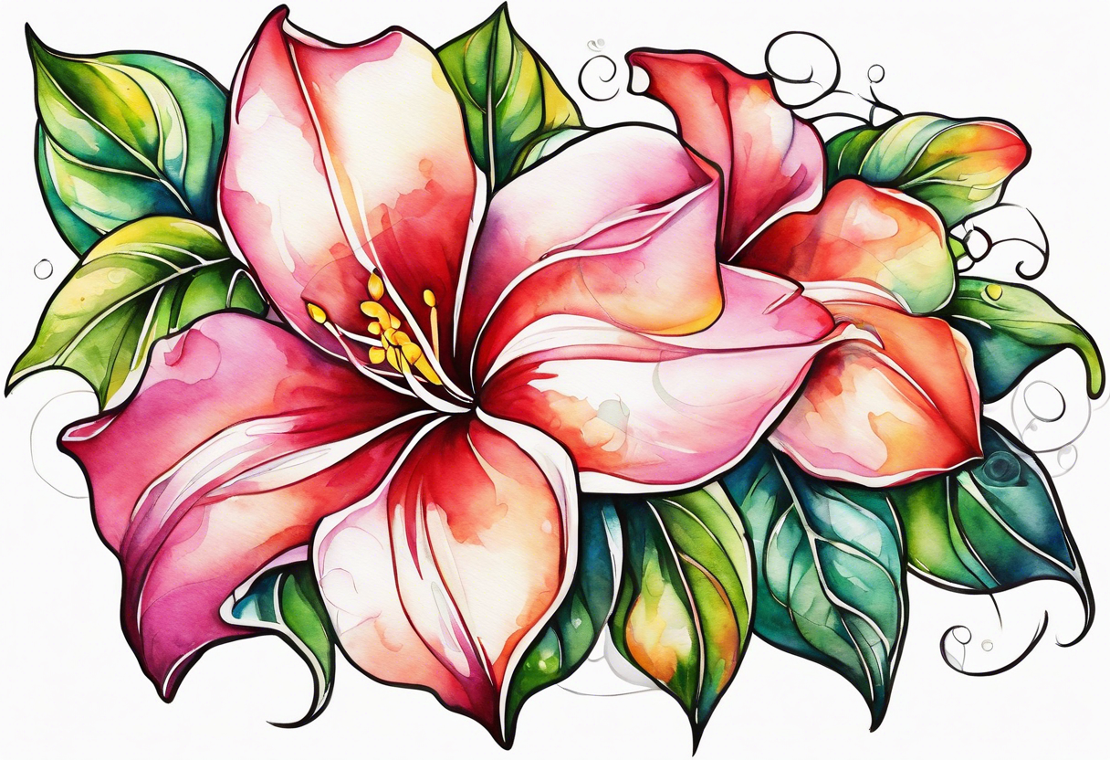 abstract mandevilla flowers on a vine, part of it watercolor, part of it just line work tattoo idea