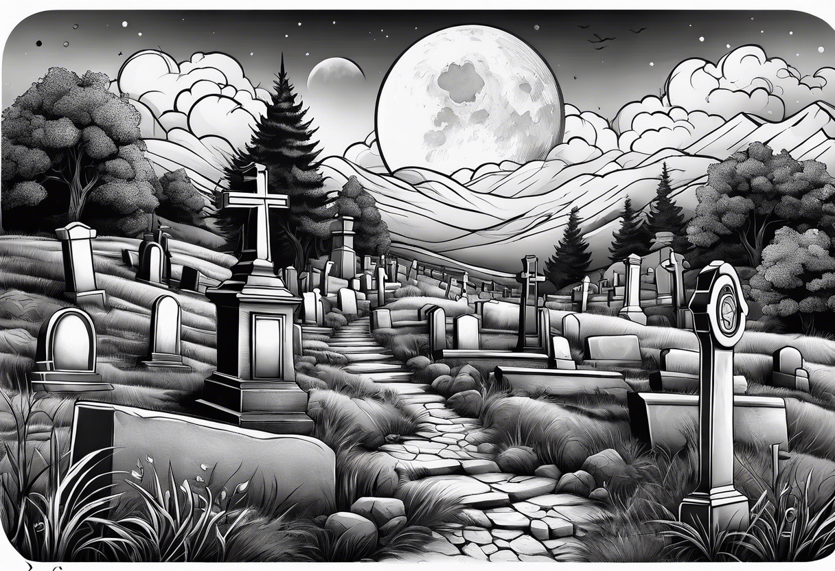 Cemetery on hills with smoke and moon tattoo idea