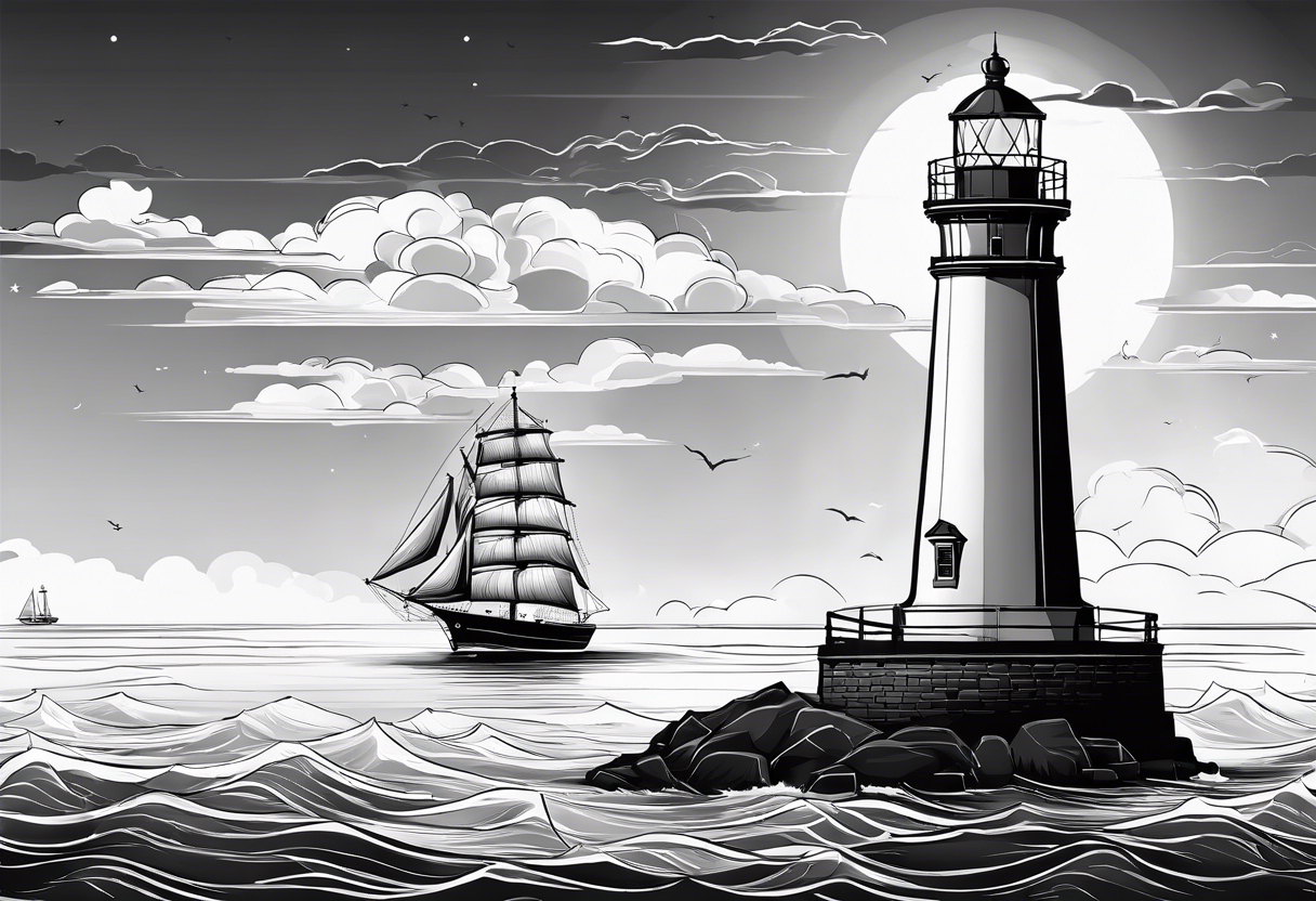 maritime lighthouse with 2 large sails attached. tattoo idea