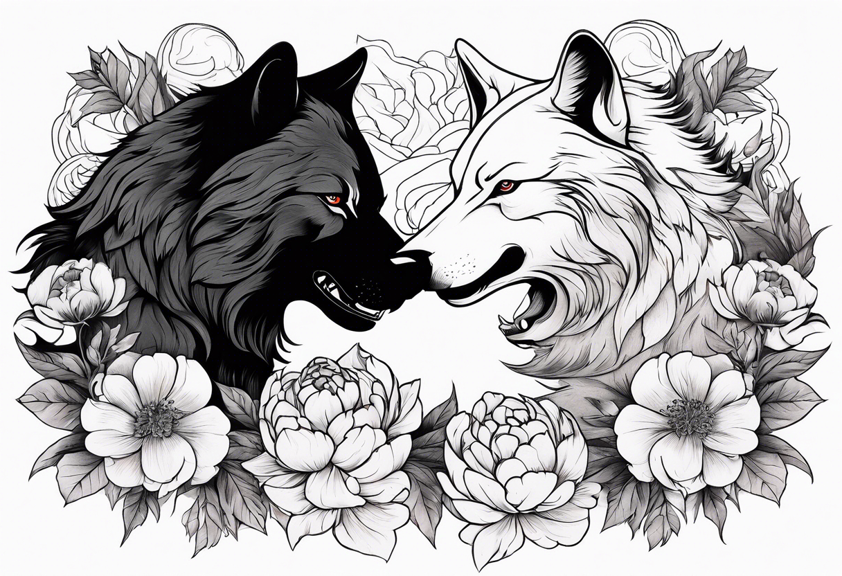 Wolf fighting with bear with peonies and smoke tattoo idea