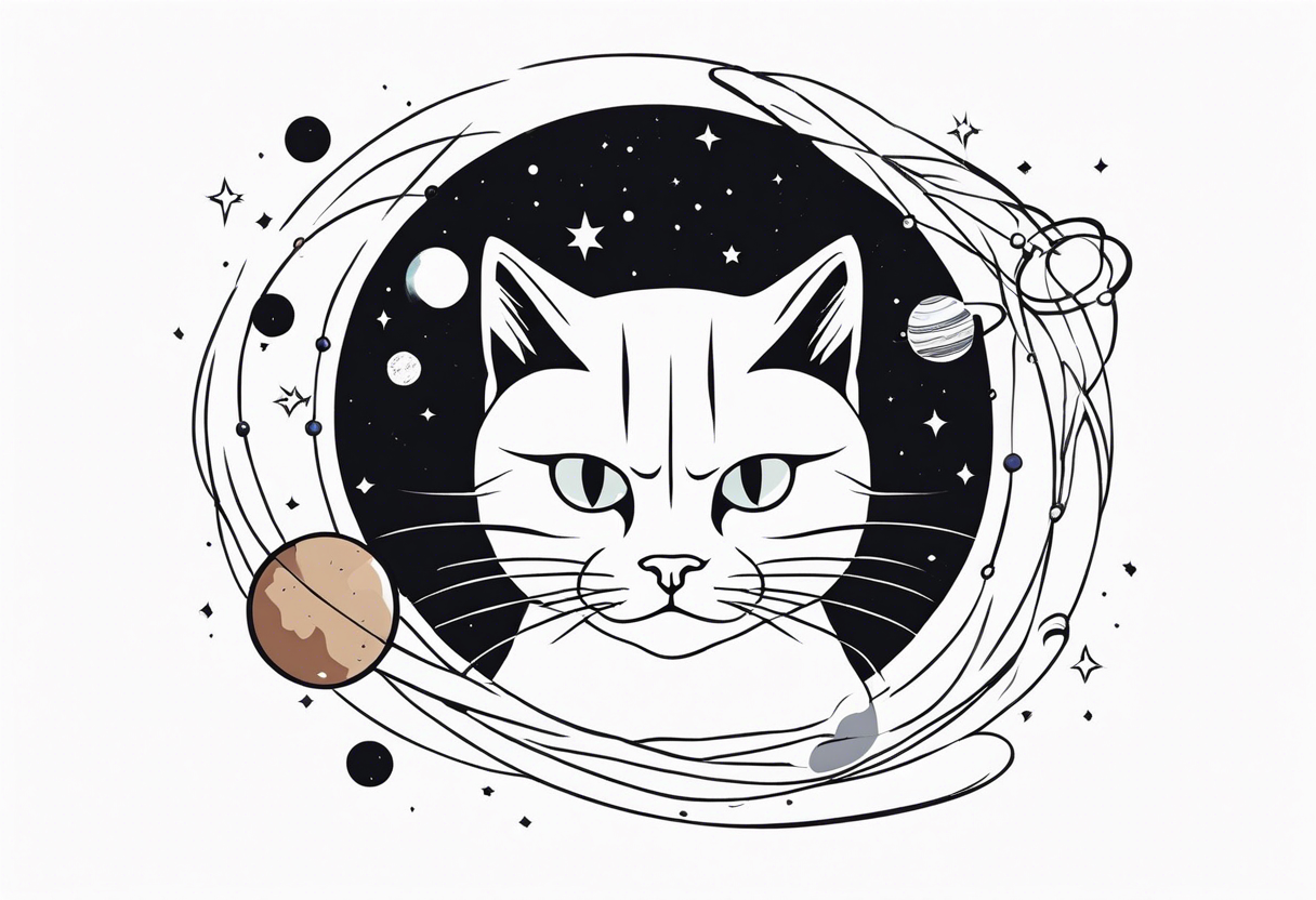 cat with an angry face surrounded by  planets tattoo idea