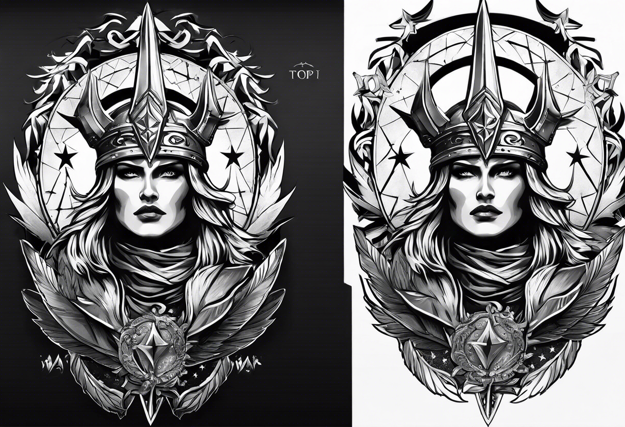 complete upper arm sleeve. Feature three mountain side by side, with 3 stars above them crossed sword patterns that evoke the Valkyrie spirit. Keep the design in clean, simple lines. tattoo idea