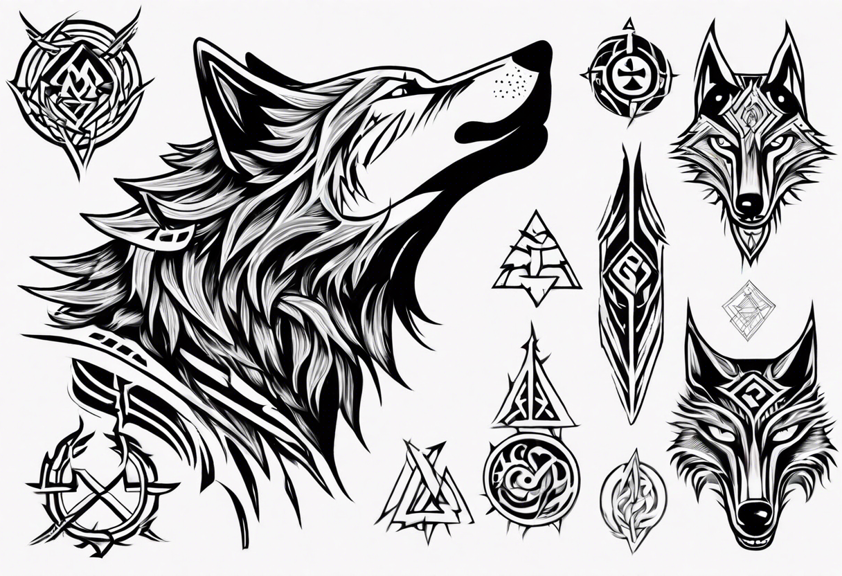 Wolf  howling with Norse symbols, a bit of Māori symbolism tattooing as its fur to represent strength tattoo idea