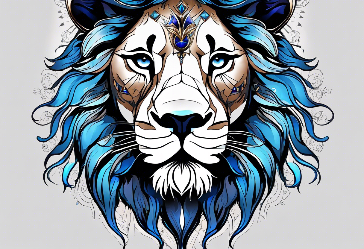 face of a lion with a third eye. Left eye blue, right eye brown. The third eye on the forehead is abstract. Around the muzzle there is a compass bezel tattoo idea