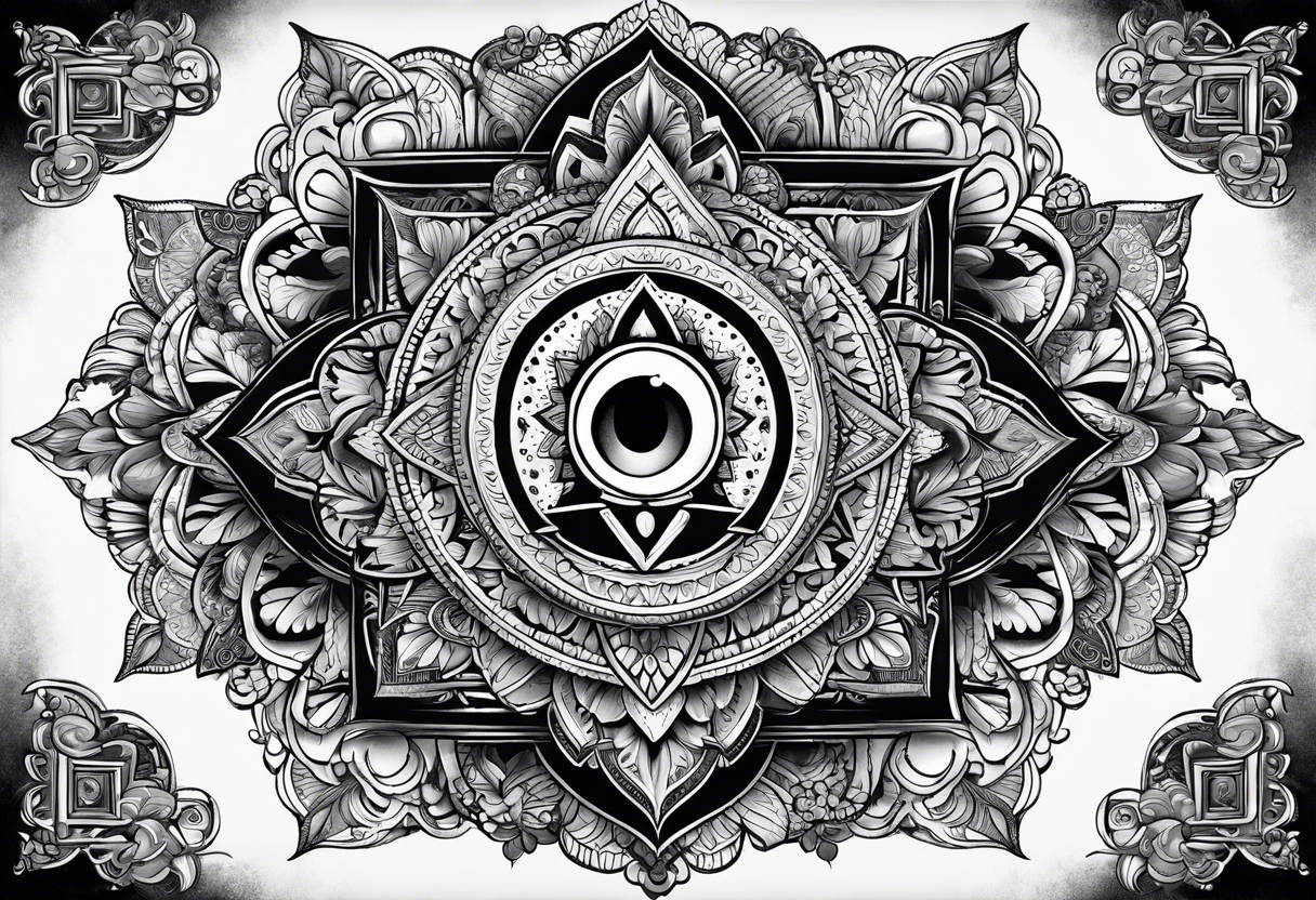 Combine the concept of the third eye with a mandala, incorporating religious symbols and intricate patterns, representing spiritual insight, intuition, and enlightenment. tattoo idea