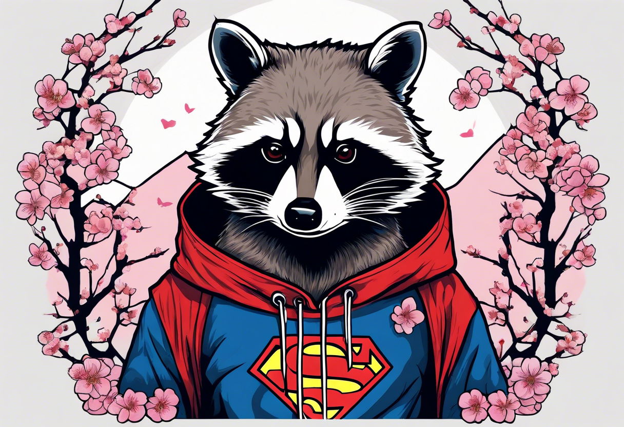 Raccoon wearing a Superman hoodie and Japanese cherry blossoms tattoo idea