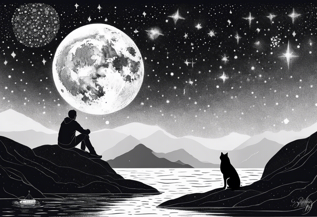 a night sky with leo and cancer constellation, mountains, a father and son with his dog and cat sitting by the water tattoo idea