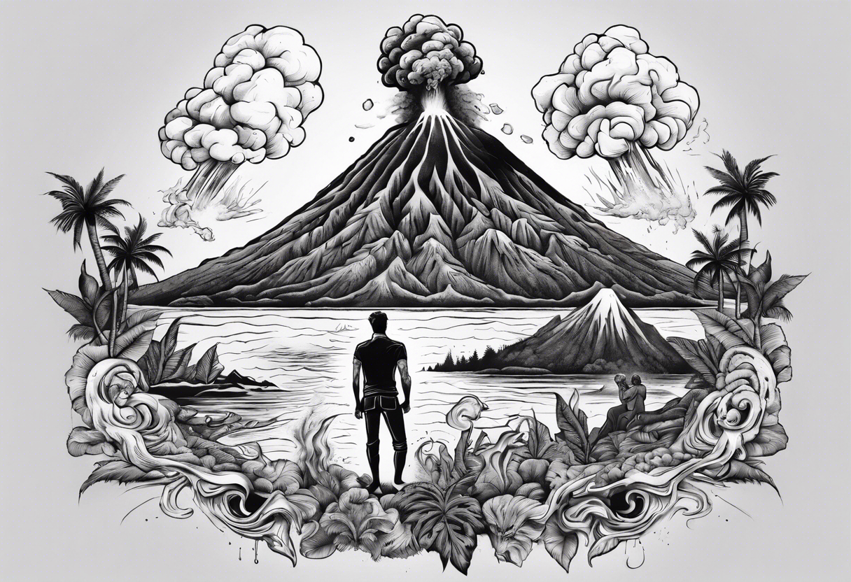 A man battling an erupting volcano on a tropical island tattoo idea