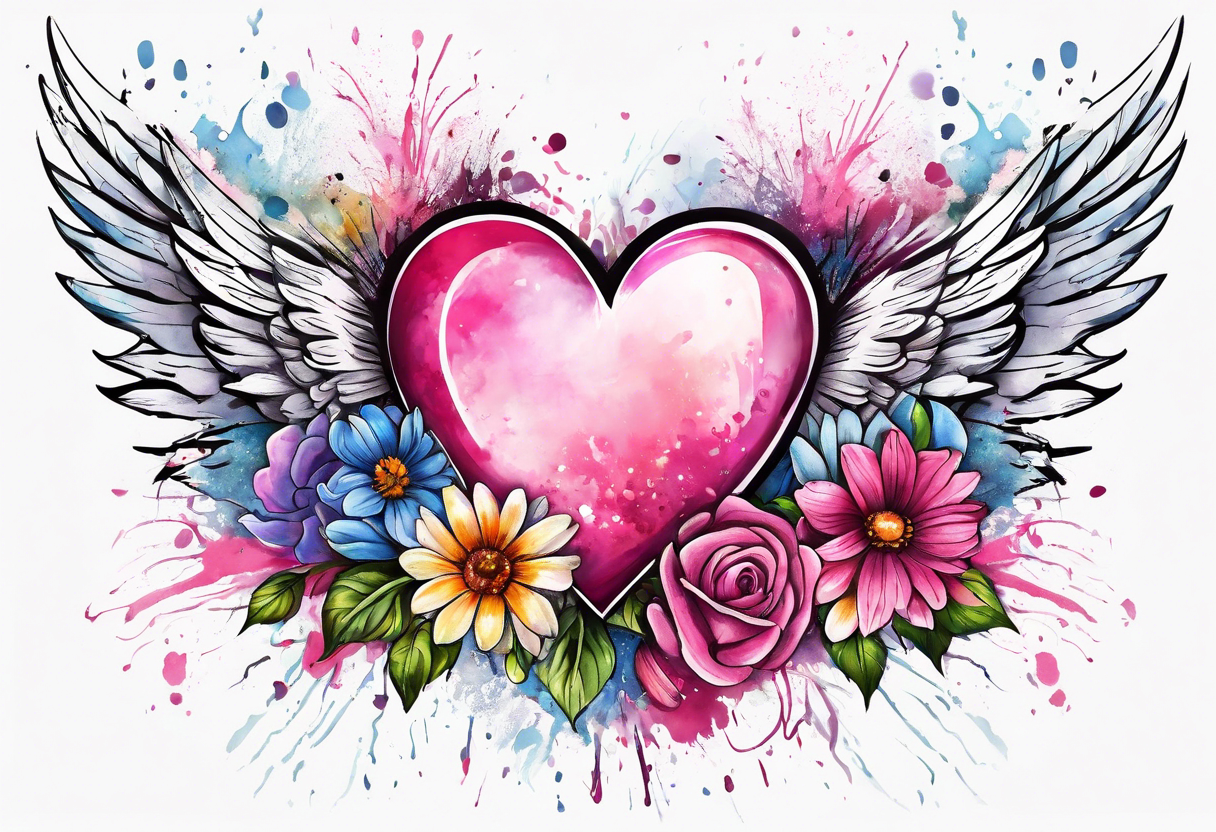 Flowers around a heart with angel wings with pink splatter water color background tattoo idea