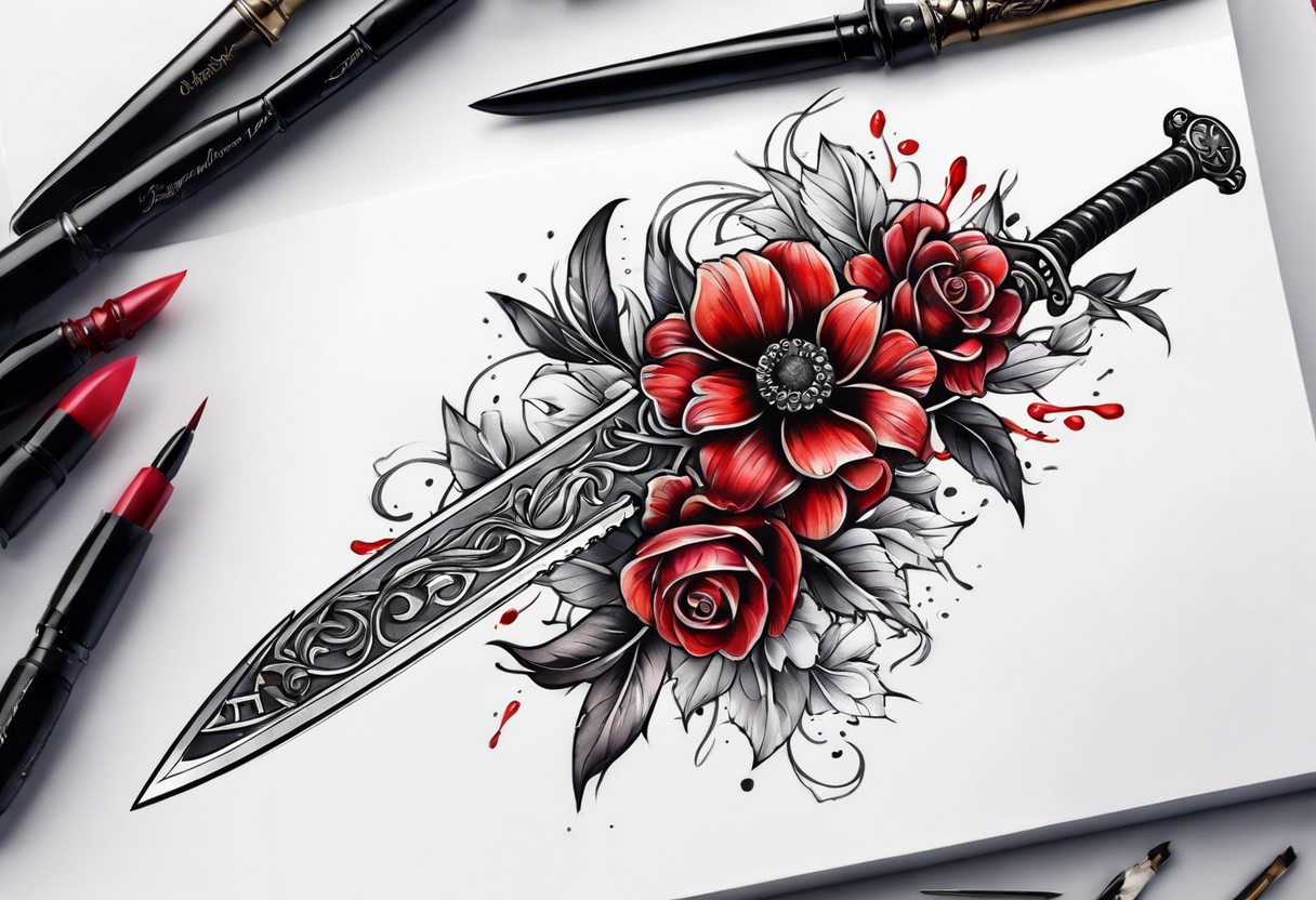 Bloody sword and flowers tattoo idea