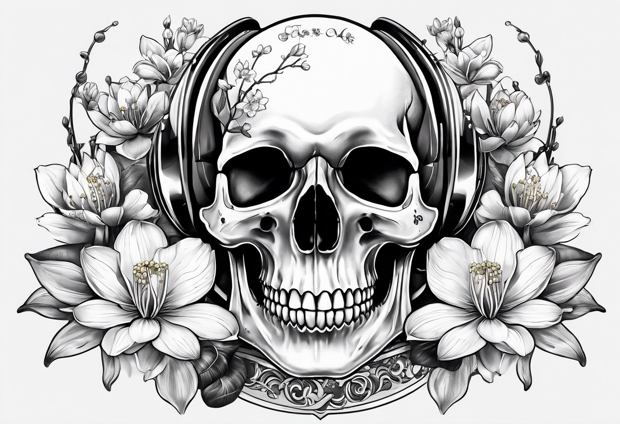 human skull, deer skull, water lily, cherry blossoms with roller coaster track and lily of the valley for fill tattoo idea