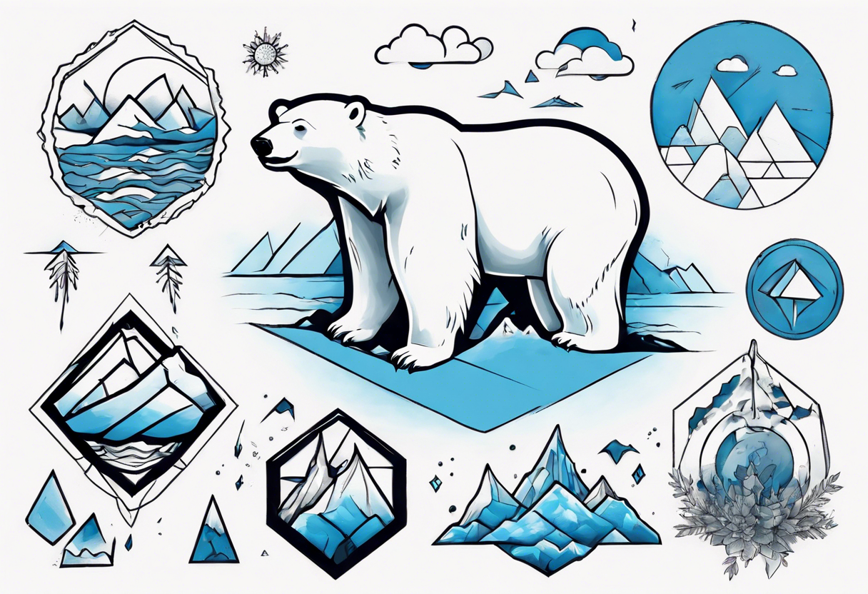 arm tattoo of weather and a little muscular polar bear and ice berg and some nature make colors primary black and white with a little blue tattoo idea