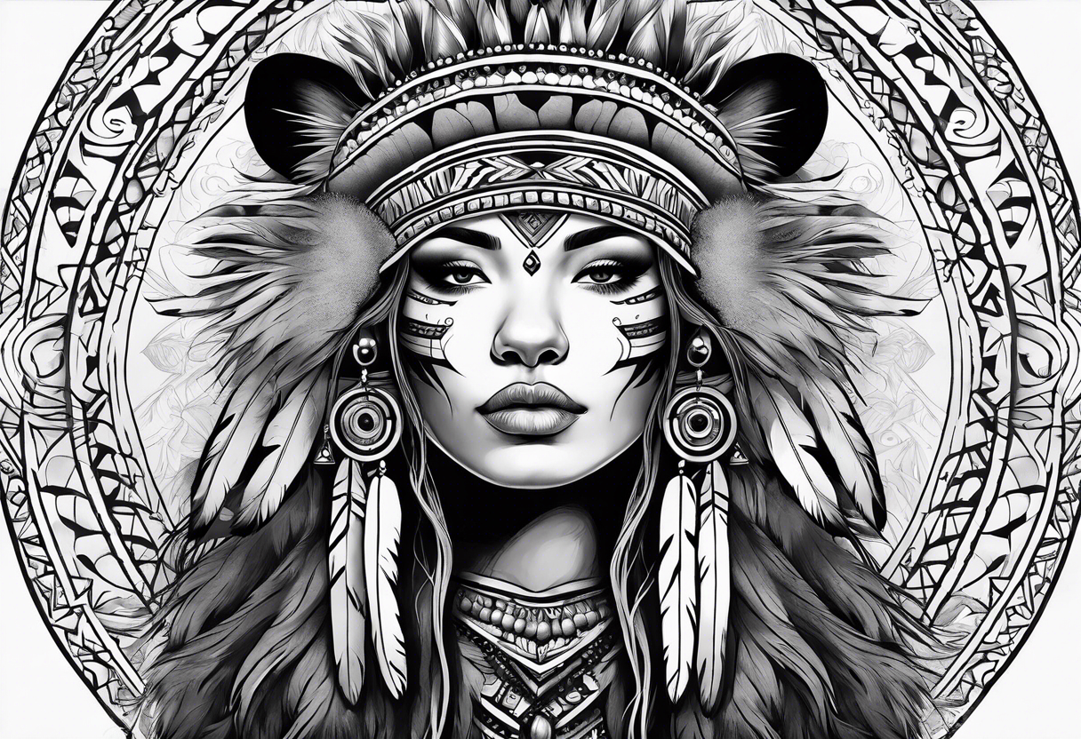 Native style bear pelt with woman and traditional headdress tattoo idea