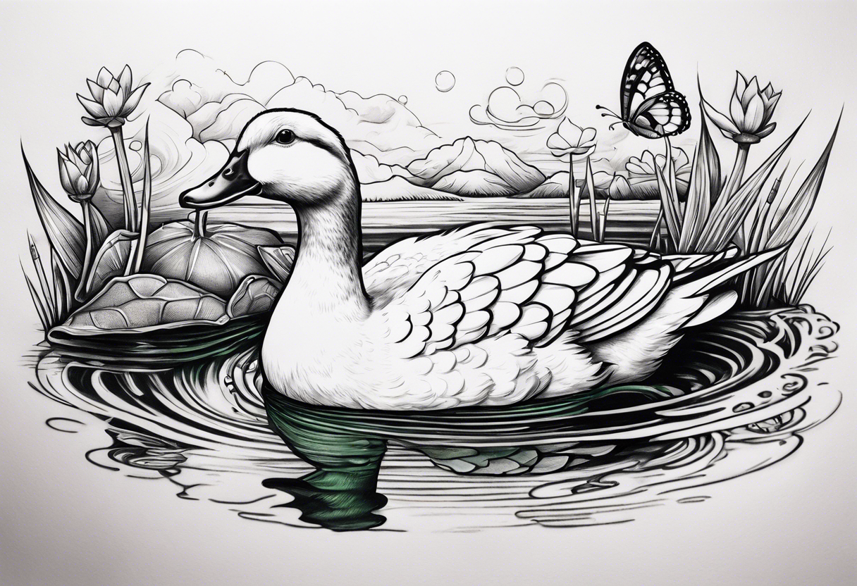 A white Duck a green toad and a moth playing together in a pond tattoo idea