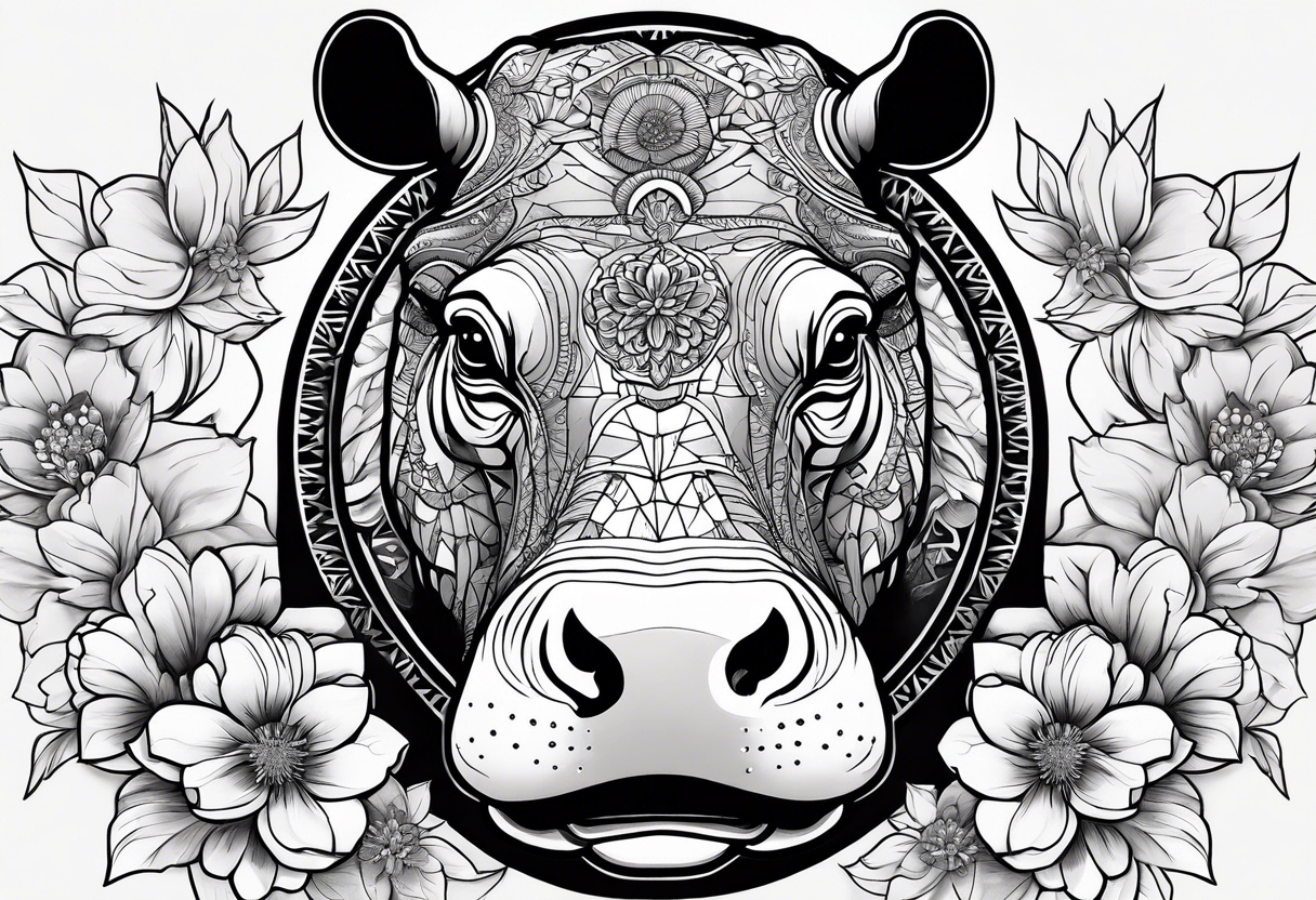 A not too big hippo head with a detailed realistic full moon on upper right corner and wintersweet flower on lower left corner, looking like a totem tattoo idea