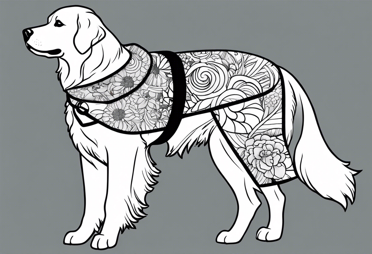 a golden retriever in a kimono full body view wearing a black belt tattoo idea