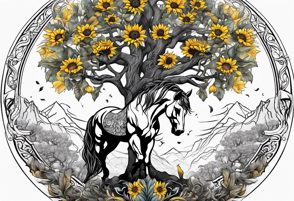 Yggdrasil tree, horse in front of it, and sunflowers tattoo idea