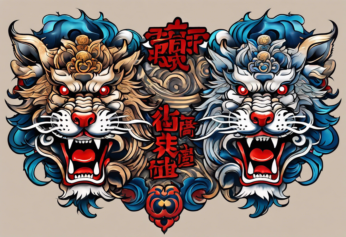 Double chest piece, done in Neo Japanese style of Okinawa shisa. On one side is the male with his mouth open, and the other side, the female with her mouth closed. tattoo idea