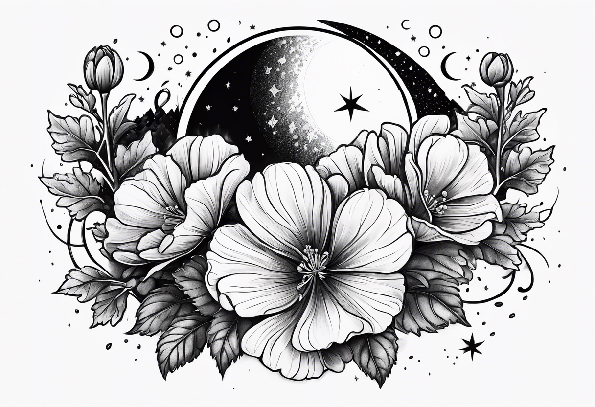 Scarlet geraniums rain with a crescent moon behind tattoo idea