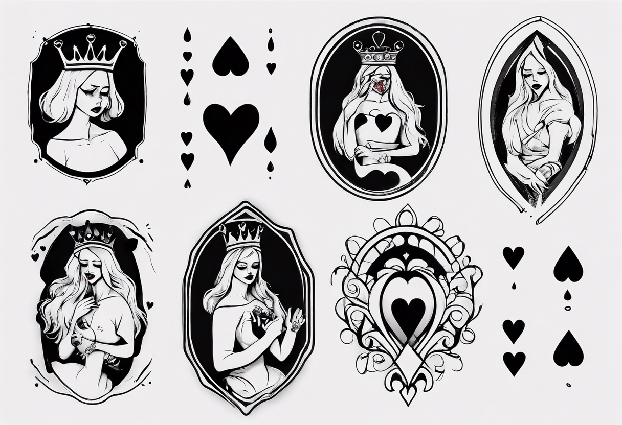 simple queen of hearts crying black tears, with blank eyes tattoo idea