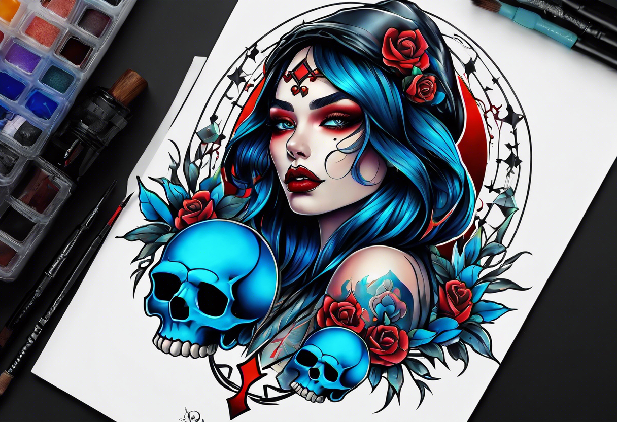 Bright bold Neo traditional tattoo woman with skulls and blood Holding a blue glowing sphere. Crosses for eyes tattoo idea