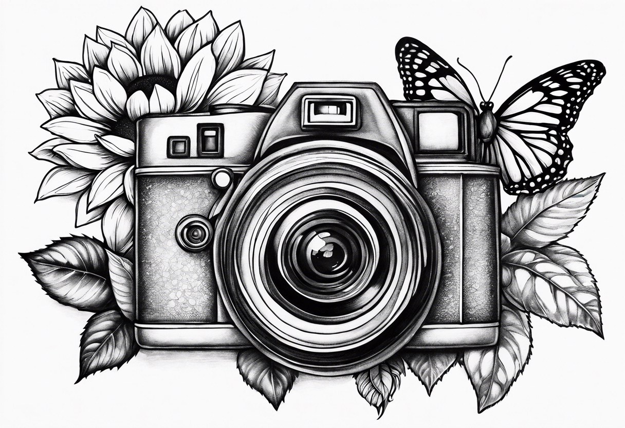 Book, sunflower, camera, butterfly, flower rose tattoo idea