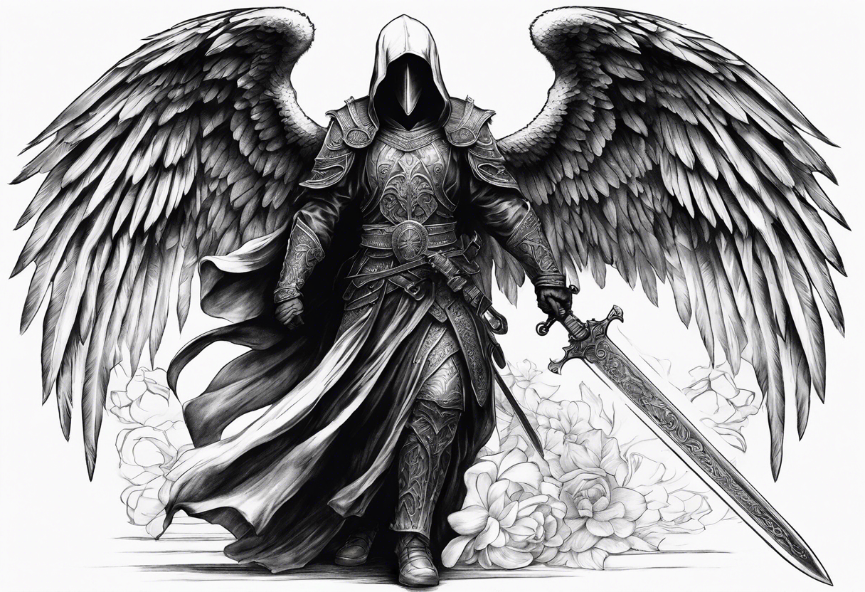 realistic full body of angel of death, fwithout face, holding one sword by both hands, sword is vertically pointing downwards tattoo idea