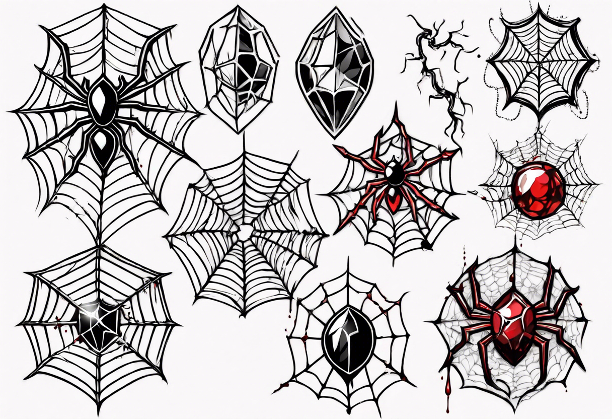 Tangled spiderweb in the shape of a jewel with blood drops and dragon spikes tattoo idea