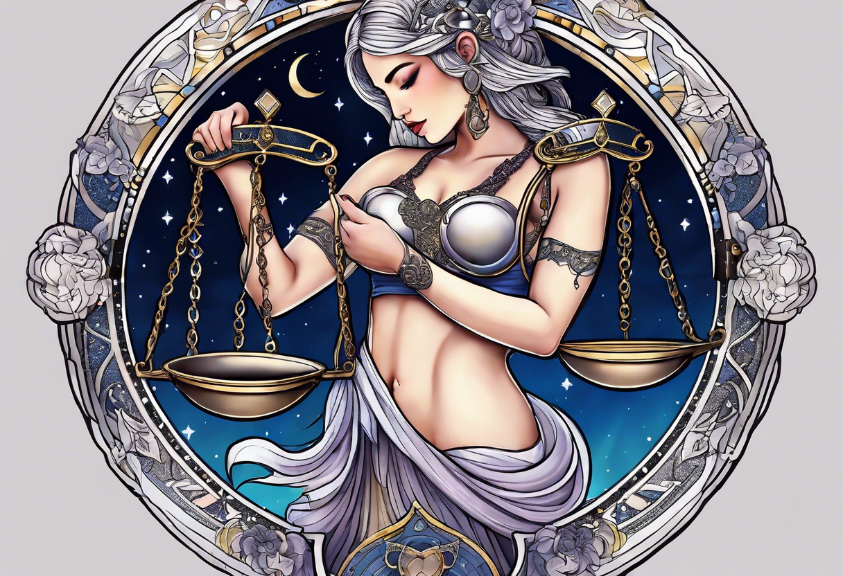 Libra woman holding scales with a night zodiac background including a half moon that encircles half of the woman tattoo idea