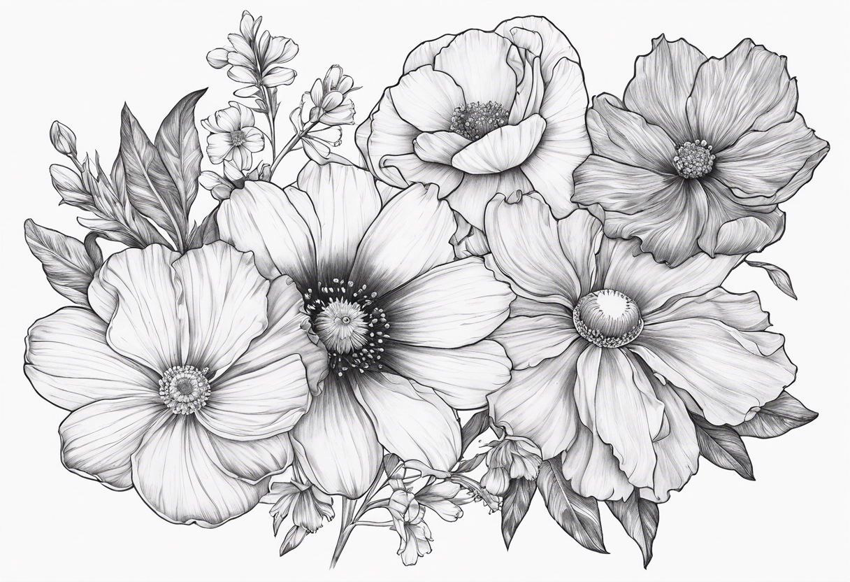 1 cosmos flower, 1 iris, 1 larkspur, 1 daisy, 1 poppy tattoo idea