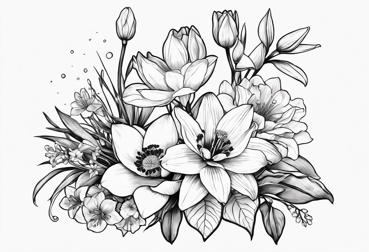 A small, line work bouquet of flowers with a water lily, gladiolus, poppy, lily of the valley, daffodil, and a honey suckle. With long stems and tied with a bow tattoo idea