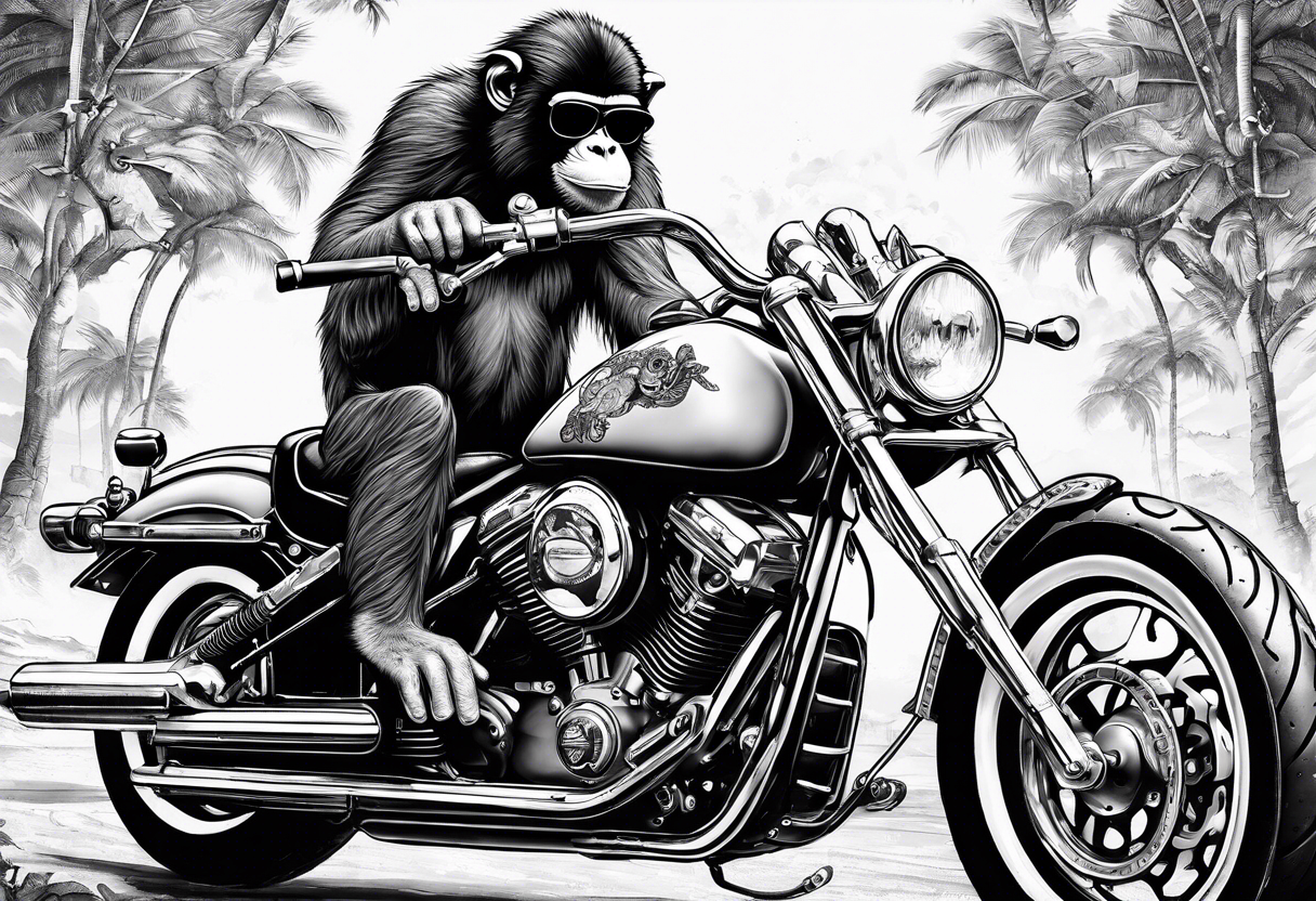 Monkey riding a chopper motorcycle with sunglasses on, a cigarette hanging out of his mouth tattoo idea