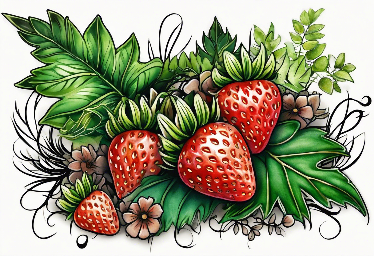 forest floor inspired realistic tattoo, which includes grass, curly ferns and dead leaves as the bulk of the tattoo. details to include: three very tiny strawberries, a tiny bumblebee flying nearby tattoo idea