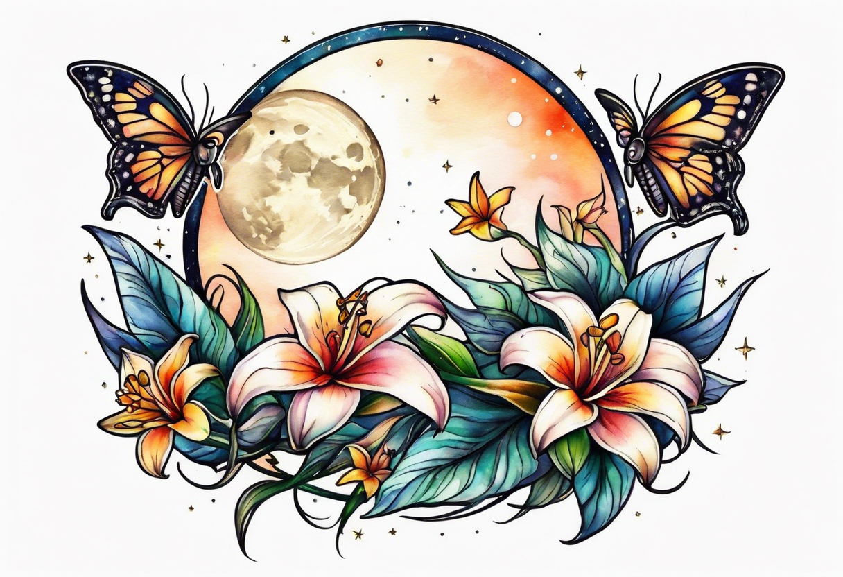 Small moon and stars with a moth and lily flowers tattoo idea