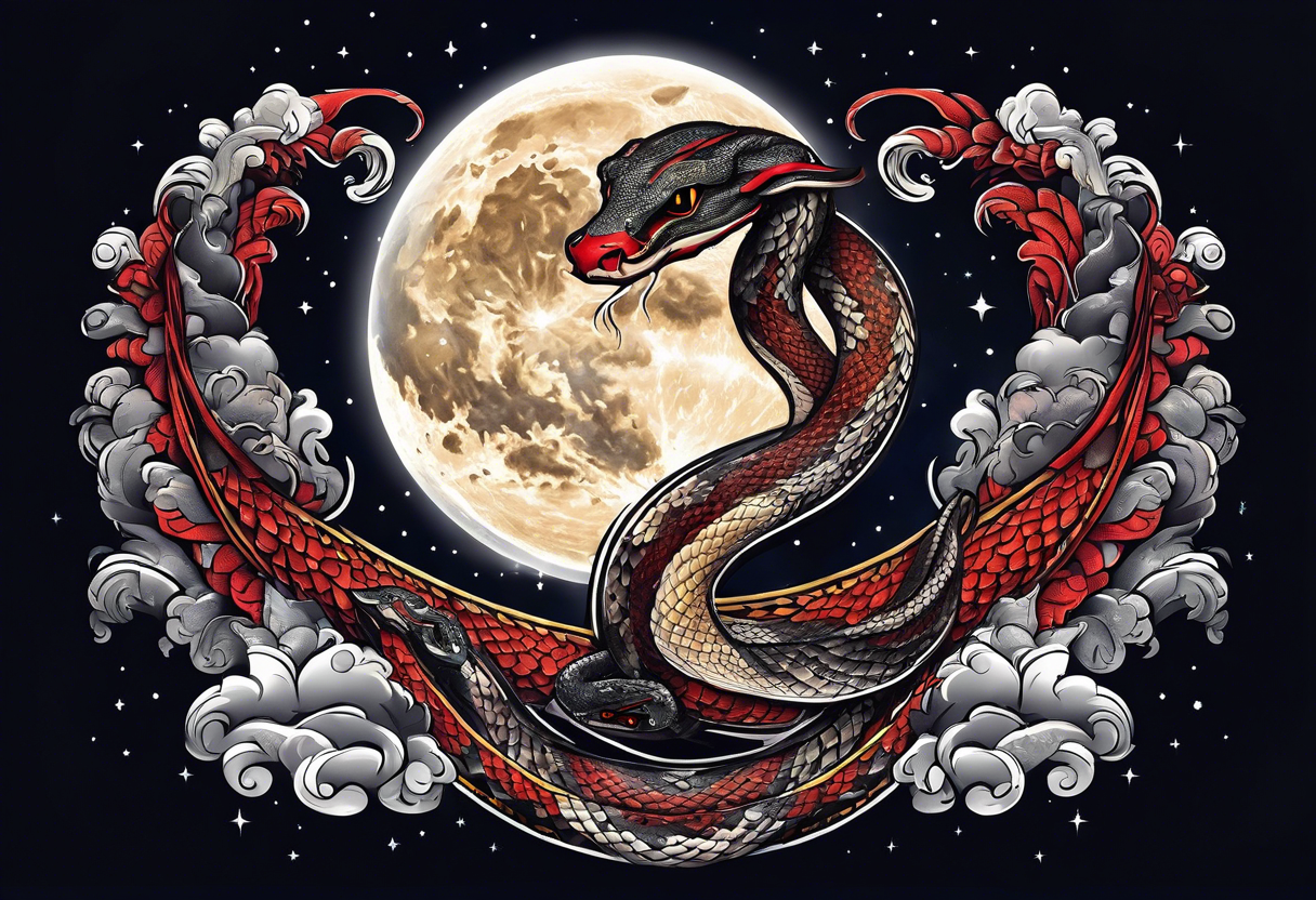 Lucifer (half snake) wraps the moon in the night sky tattoo idea