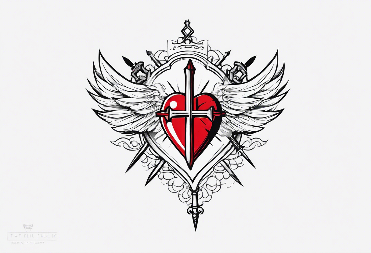 sacred heart with 3 swords instead of a cross. In front of a seraphim. tattoo idea