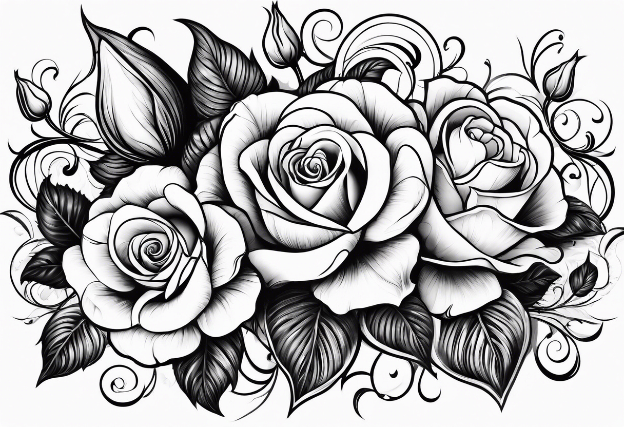 Roses and tulips with decorative swirls tattoo idea